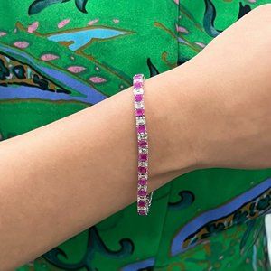 Emerald Cut Ruby and Diamond Tennis Bracelet 14K White Gold 7 Inches